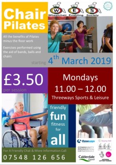 Chair pilates. £3.50. Mondays 11.00 to 12.00. work wellness